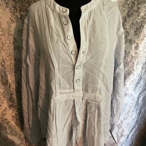 We The Free Light Blue Striped Button Down Tunic with Mandarin Collar